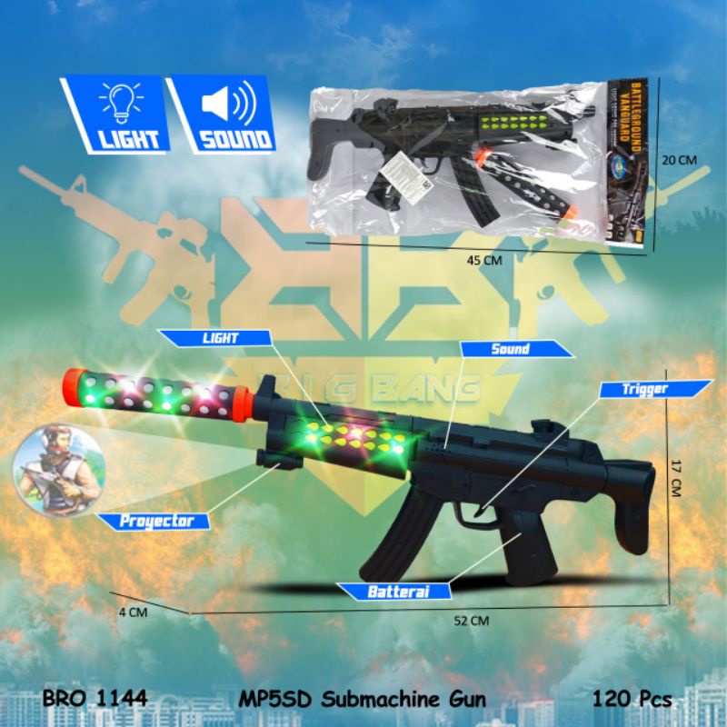 Pistol Tembak Tembakan Bunyi Suara Musik Nyala Lampu BRO1144 SubmachineMainan Anak  Mainan Anak Laki