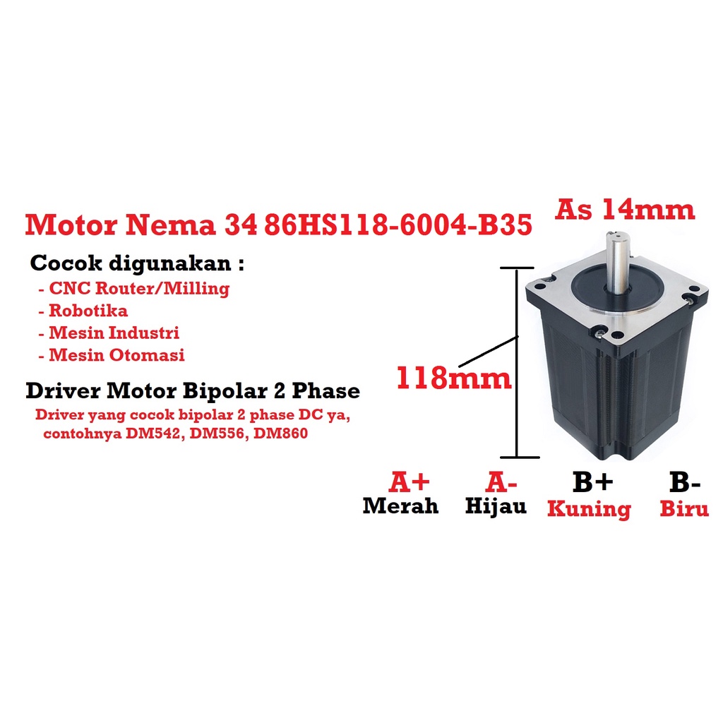 [HAEBOT] Motor Stepper Nema 34  8.5Nm 118mm 5A Shaft 14mm CNC Laser Router Plasma Milling High Torque Mesin Robot Induksi Slider Mekanik Bipolar 2 Phase Fasa Coil Dinamo Penggerak