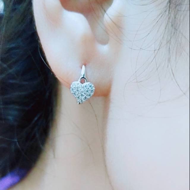 Anting jepit fashion wanita dewasa Love mata putih perak asli 925/silver lapisan emas putih murni