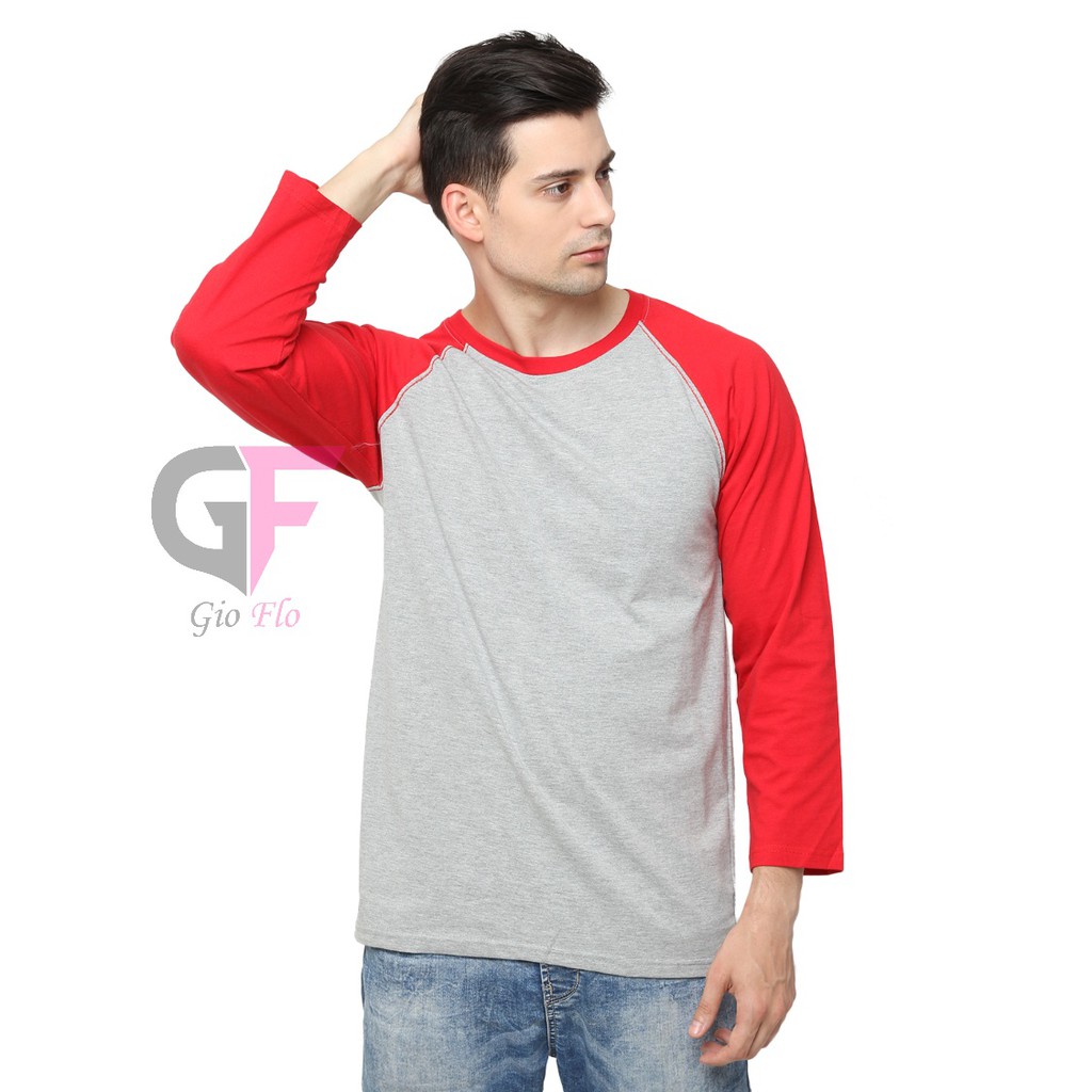 GIOFLO Baju Raglan Polos Kaos Lengan Panjang Abu Misty Merah Cabe / PLS 99