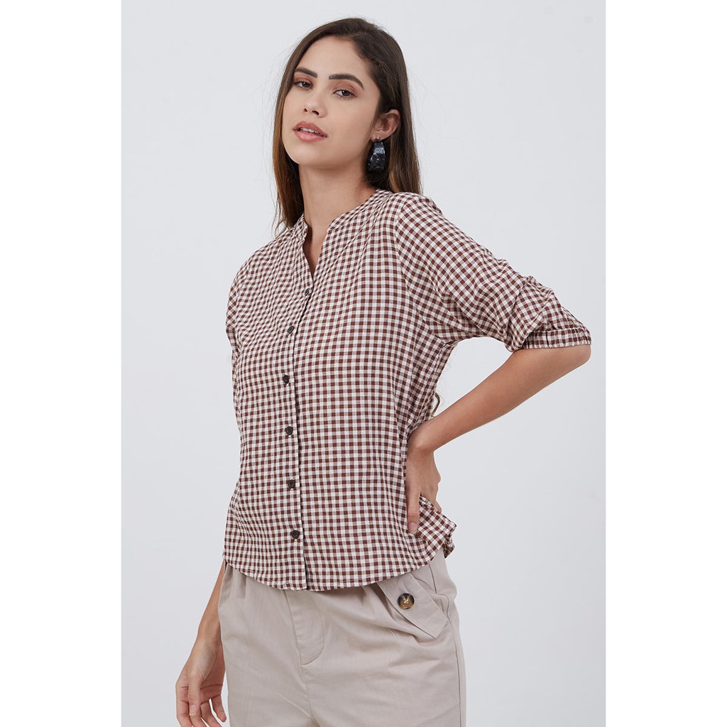 Sorabel - Sree Plaid Simple Blouse/ Kemeja Wanita Motif Kotak-kotak Collar Neck Lengan 3/4-2