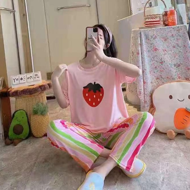 Piyama CP wanita baju tidur import jumbo/bigsize-CP STAWBERRY RAINBOW