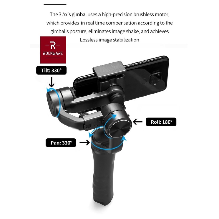 ROCKWARE RW-F6 - 3-Axis Folding Stabilizer - Gimbal Smartphone