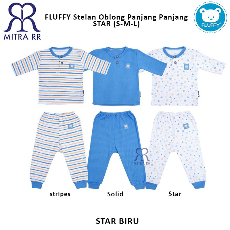 FLUFFY Stelan Oblong Baju Panjang Celana Panjang BEAR STAR S M L (3-12 bulan) Setelan Baju Bayi 3 Pasang