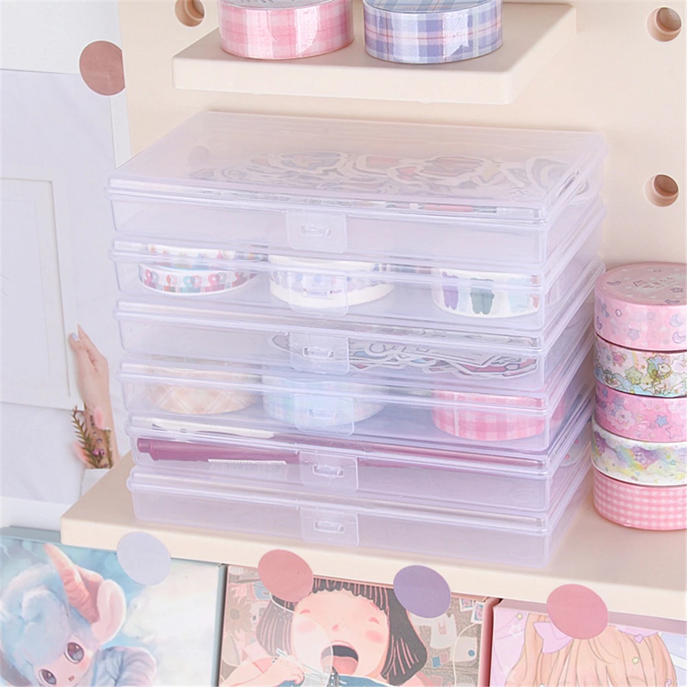 [Portable Clamshell Square Clear Plastic Desktop Sorting Storage Box] [Multifunctional Transparent Simple Desk Pencil Case Label Organizer Box ]