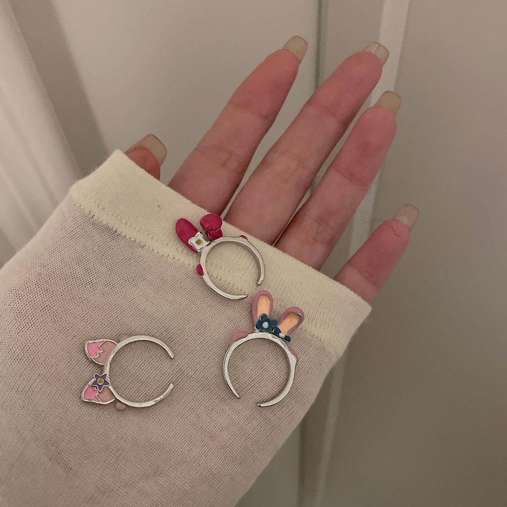 Cincin Model Terbuka Desain Telinga Kelinci Warna Permen Gaya Trendy Adjustable Untuk Wanita