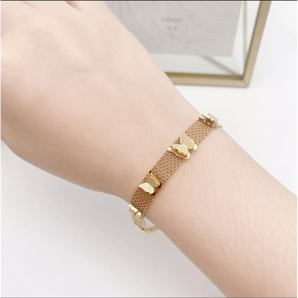 Gelang Jaring Titanium Aksen 5 Kupu-Kupu Tersedia Warna Rose Gold, Gold dan Silver