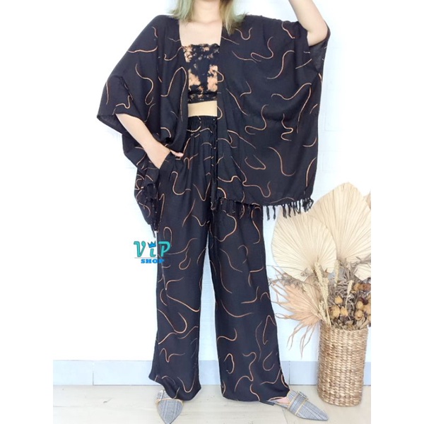 Set Outer Cardigan dan Kulot Tiedye Bali Lilit bohemian-Candy hitam