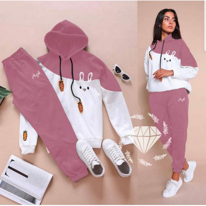 PCS SET BUNNIES HOODIE PAKAIAN WANITA SETELAN ATASAN AN CELANA BABYTERRY 2 UKURAN L DAN JUMBO KR ADA VIDEO REVIEW ASLI PRODUK