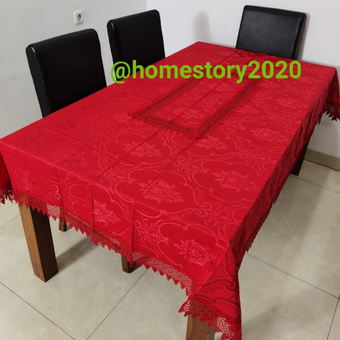 Taplak Meja Makan - Taplak Meja Makan Kain Katun Renda Merah 150X220 Persegi
