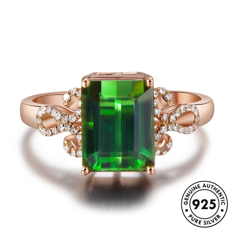 Cincin Sterling Silver 925 Elegan Dengan Emerald Warna Rose Gold Untuk Wanita