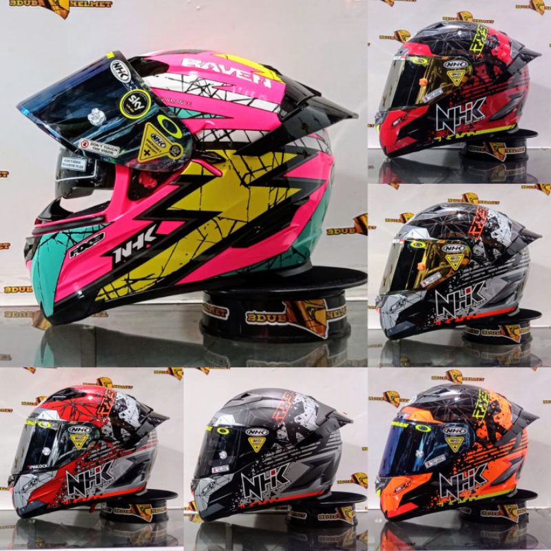 Helm NHK RX9 full face motif series raven pink flouricent blue tosca paket ganteng visor flat iridiu