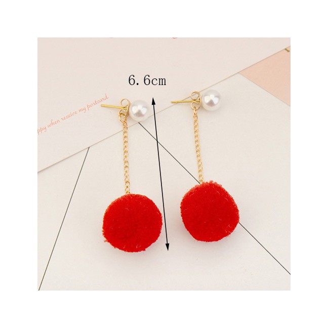 LRC Anting Tusuk Sweet Fuzzy Ball &amp; Pearls Decorated Pom Earrings