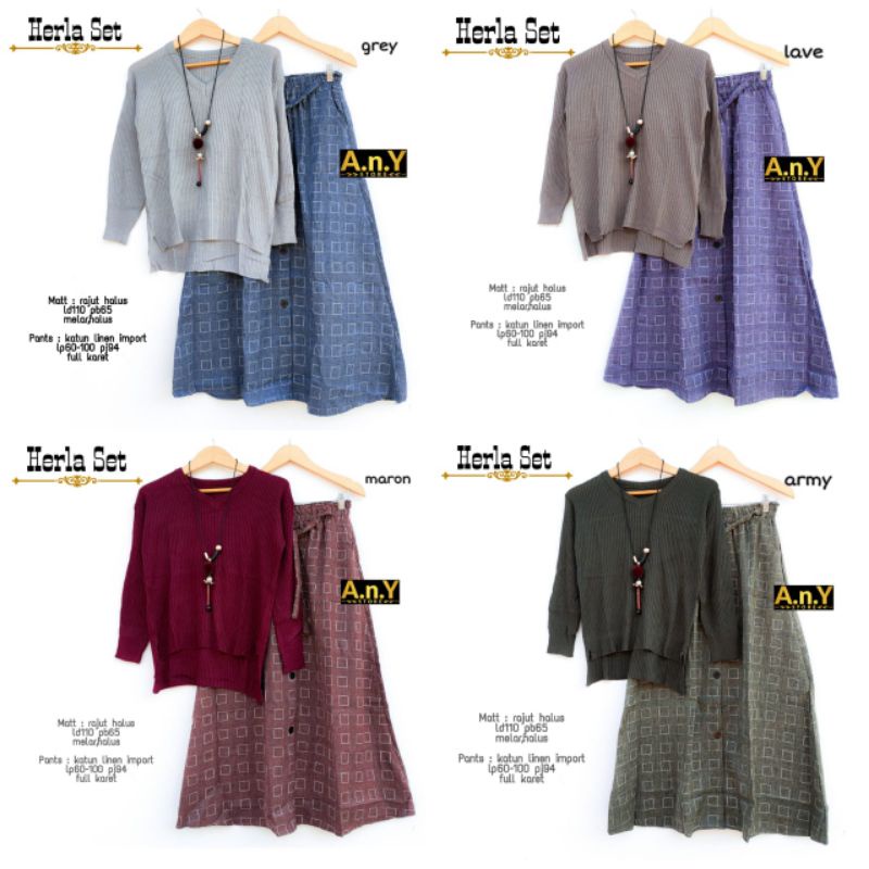 SET SWEATER RAJUT HALUS POLOS + ROK LINEN MOTIF KOTAK-KOTAK HERLA SET BY A.N.Y
