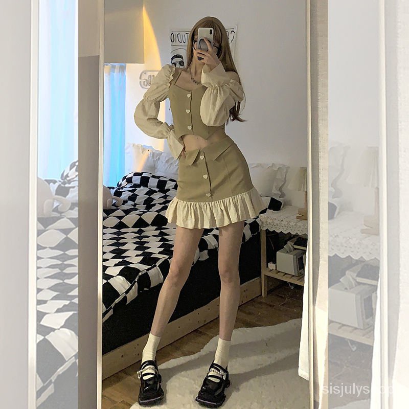 #Sisjuly# Atasan Halter Baru Wanita/rok Tidak Beraturan Dengan Rok Split Pinggang Dan Kancing Hati