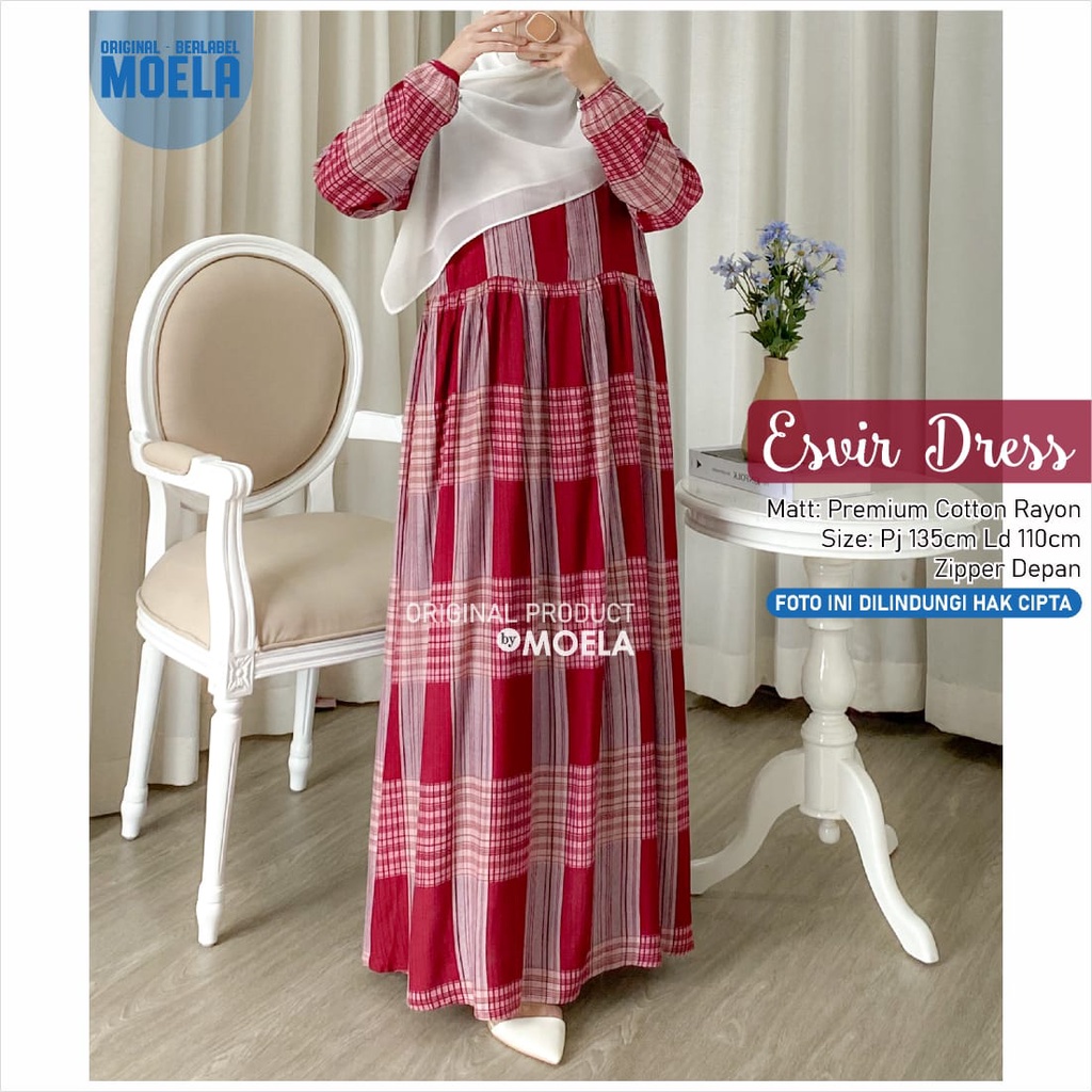 LD 110 ESVIR DRESS ORI MOELA PREMIUM COTON RAYON PJ 135 ZIPPER DEPAN GAMIS MOTIF KOTAK KOTAK