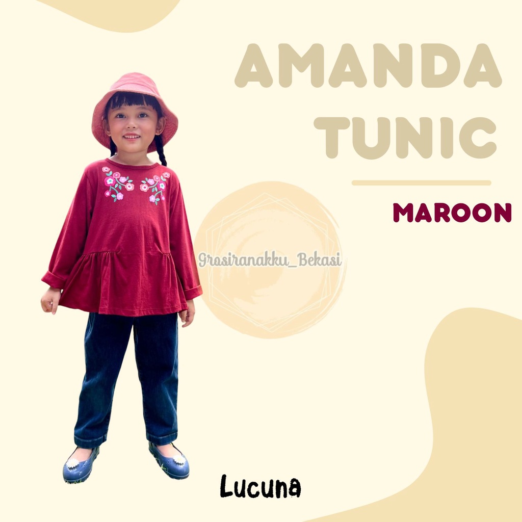 Tunik Anak Amanda Long Tee Lucuna Warna Maroon Size 1-5 Tahun