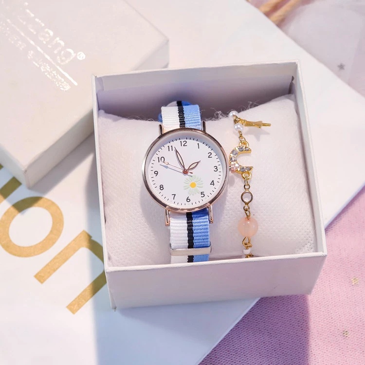 Jam Tangan Analog Wanita Gaya Korea Strap Canvas Warna-Warni Dial Bulat Motif Bunga Daisy-50-6 #2 Putih Biru
