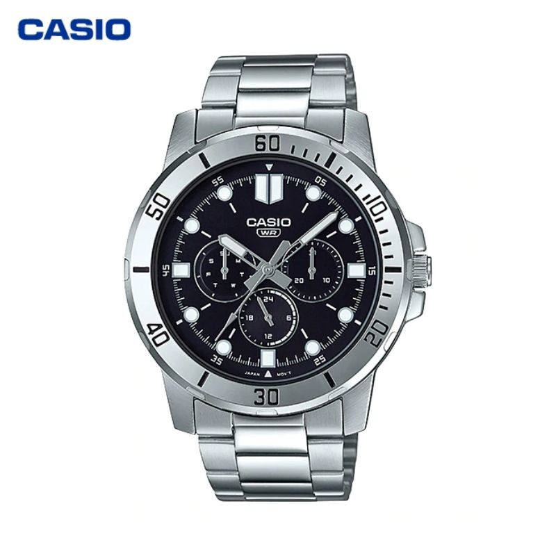 JAM TANGAN PRIA CASIO ORIGINAL MTP-VD300D-1E ORIGINAL - MTPVD300D SILVER HITAM CASIO ORIGINAL