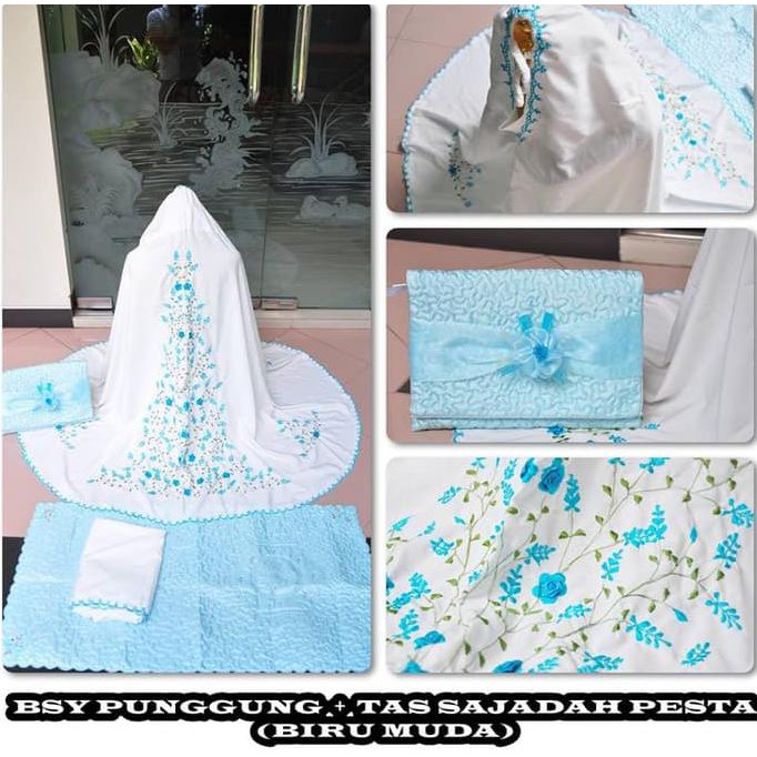 BEST SELLER MUKENA DEWASA BORDIR BSY PUNGGUNG + TAS SAJADAH PESTA BIRU MUDA TERJAMIN