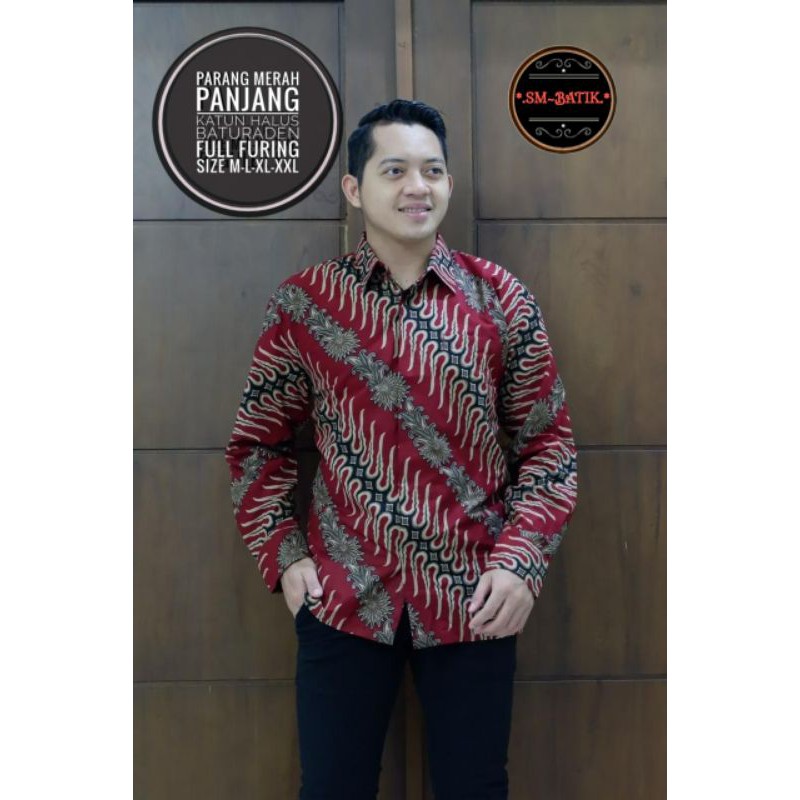 TERBARU! Kemeja Batik Lengan Panjang Warna Merah Batik Lapis Furing Bahan Katun Baturaden By SM