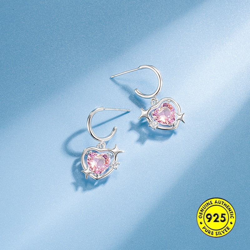 Anting Tusuk Sterling Silver 925 Desain Hati Hollow Hias Berlian Pink Untuk Wanita U933