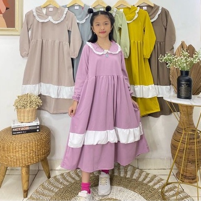 Gamis anak perempuan model rok tumpuk kerah ruffle motif polos bahan voxy premium merk latin (8-10 t