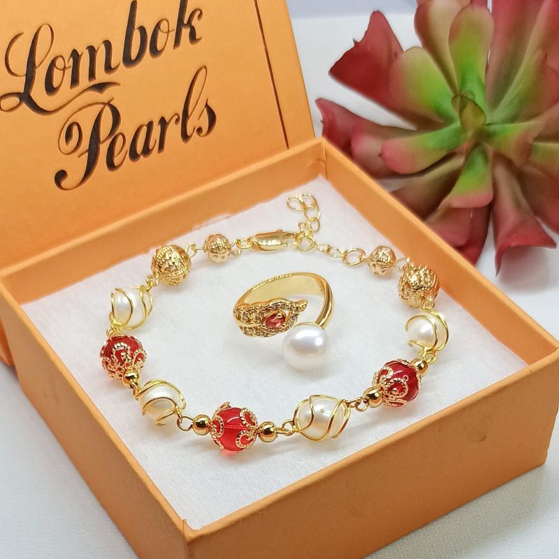 Set Gelang mutiara dan cincin rhodium| Gelang mutiara| Gelang dan cincin mutiara asli lombok| Mutiar