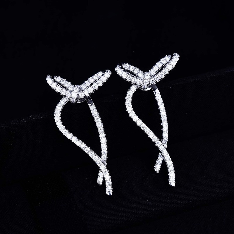 Fashion Design Simple Rhinestone Front and Back Ribbon Bowknot Stud Earrings