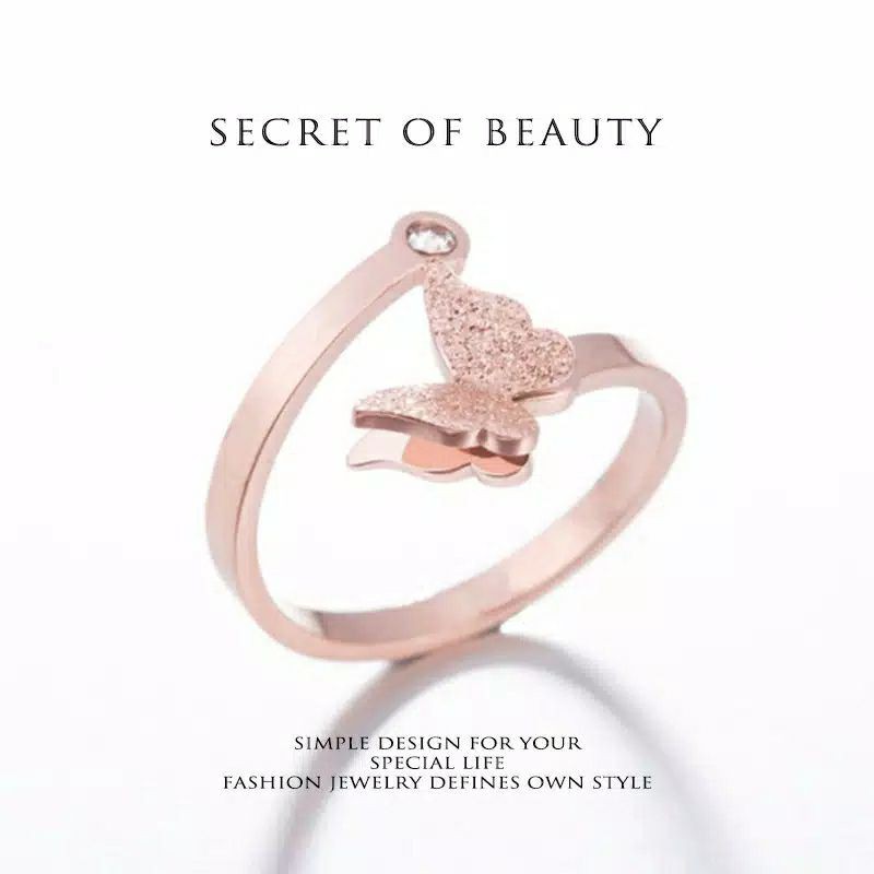 Fourfashion Cincin Bentuk Kupu-Kupu Bahan Titanium Steel Warna Rose Gold Gaya Korea Untuk Wanita