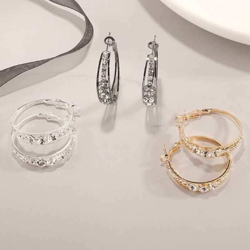 Anting Hoop Bentuk Bulat Geometris Bahan Cubic Zirconia Berlian Imitasi Warna Silver Untuk Wanita
