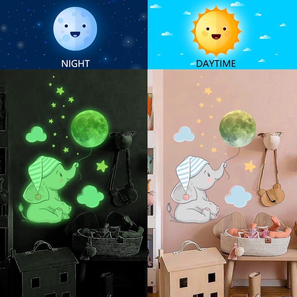 R-flower Luminous Wall Sticker Moon Dekorasi Rumah Kamar Anak Kamar Tidur Bayi Kartun Stiker Dinding