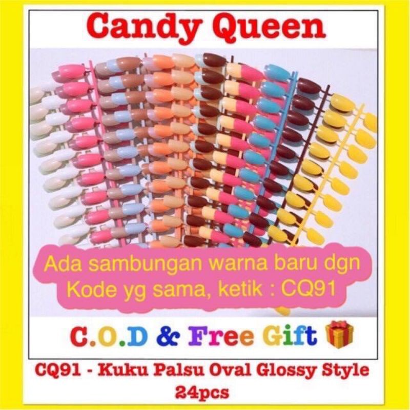 CQ91 - 24pcs Kuku Palsu Oval Glossy Style / Fake Nails / Nailart / Halal Polos / Set Wedding Casual