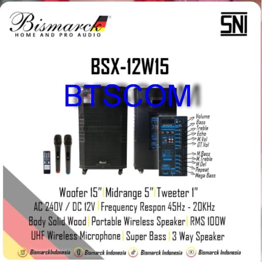 Speaker portabel Bismarck BSX12W15. porteble 15 inch body kayu 2mic.
