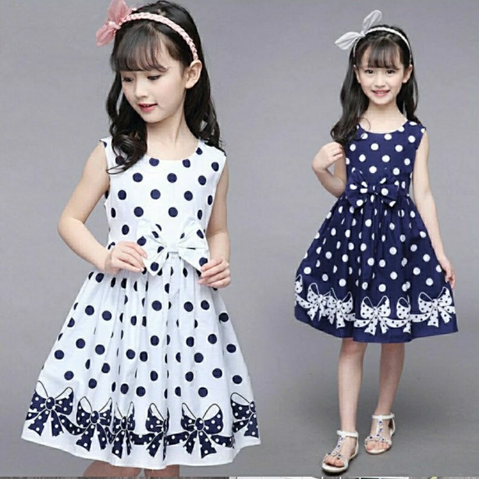 baju dress anak perempuan ribbon motif polkadot usia 7 8 9 tahun