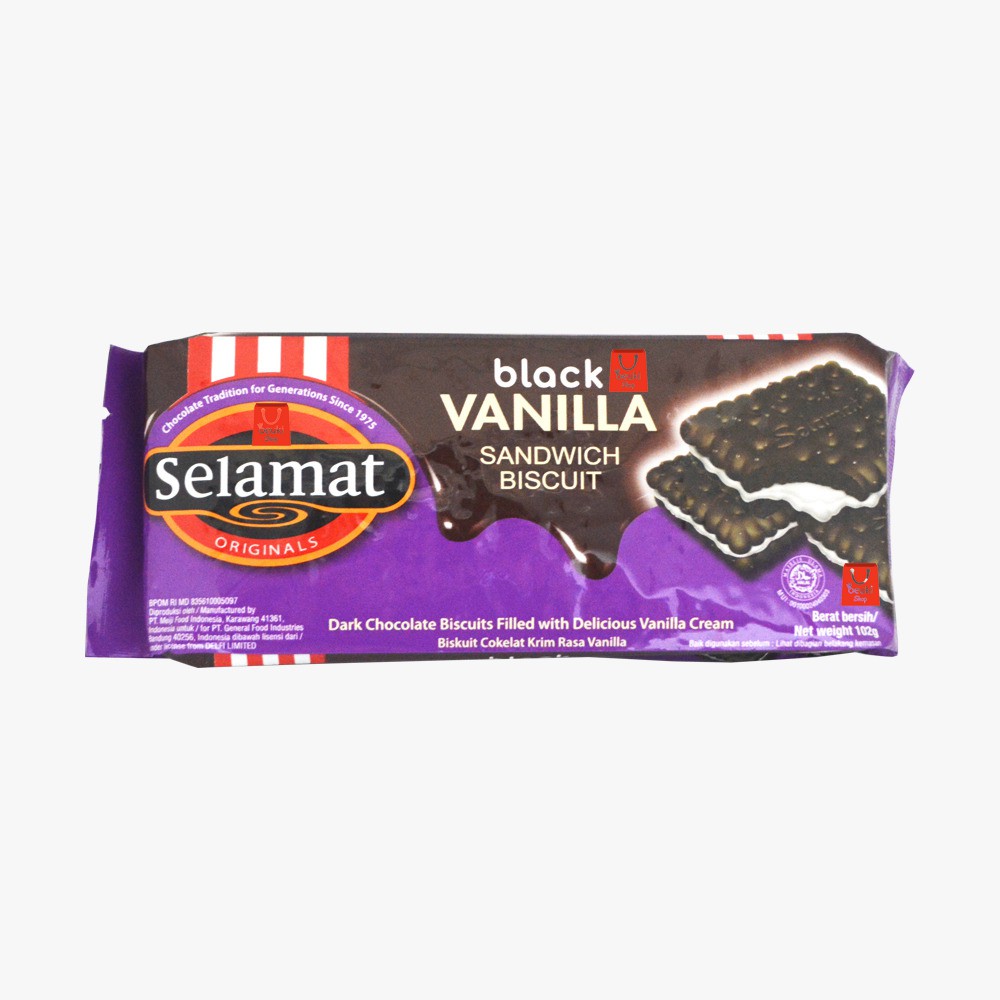 

Selamat Sandwich Biscuit Black Vanilla Biskuit Isi Krim Vanilla Kemasan Pack - 102gr