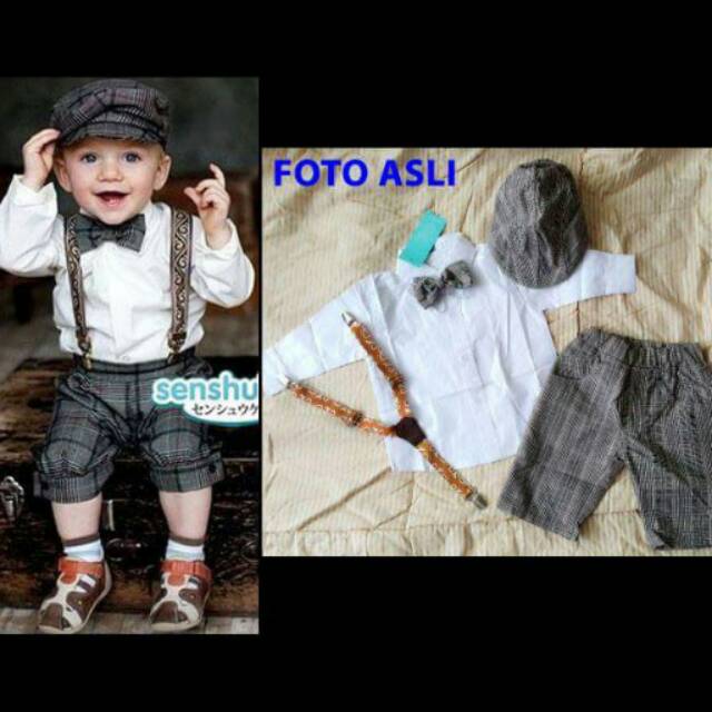 Setelan Anak Cowok Adam Brown Set 5in1 (kemeja, celana, suspender, topi, dasi)