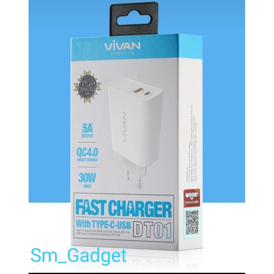 Charger VIVAN DT01 dual output 5A Type-C dan USB Fast Charging