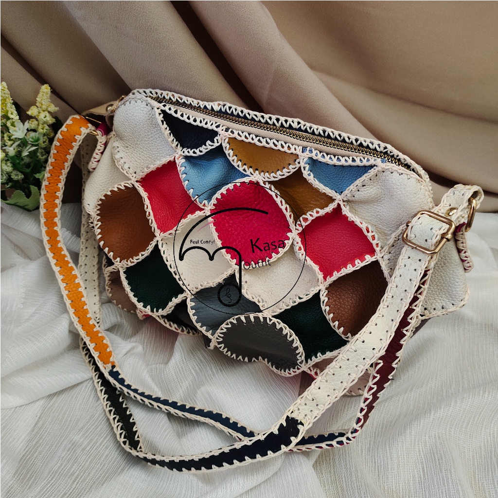 Nara Colorfull Tote Bag Kasa.outfit | Women Leather Tote Bag | Tas Wanita Kulit Asli Garut | Perca P