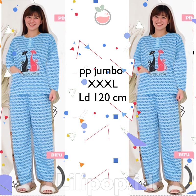 Lilipop.id  Baju Tidur Jumbo Twin Cat XXXL Celana Panjang PP Bigsize Lengan Panjang Baby Doll Kaos