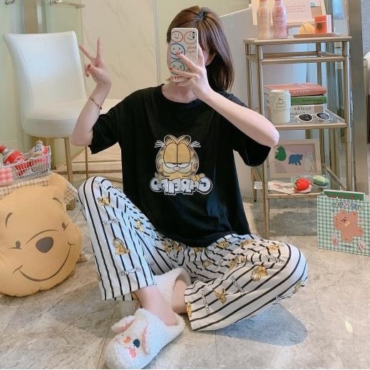 AJW Shop Baju Tidur Piyama Set 50 Motif | Setelan Wanita Import | Baju Tidur Wanita Dewasa | Piyama Wanita-Garfield Hitam
