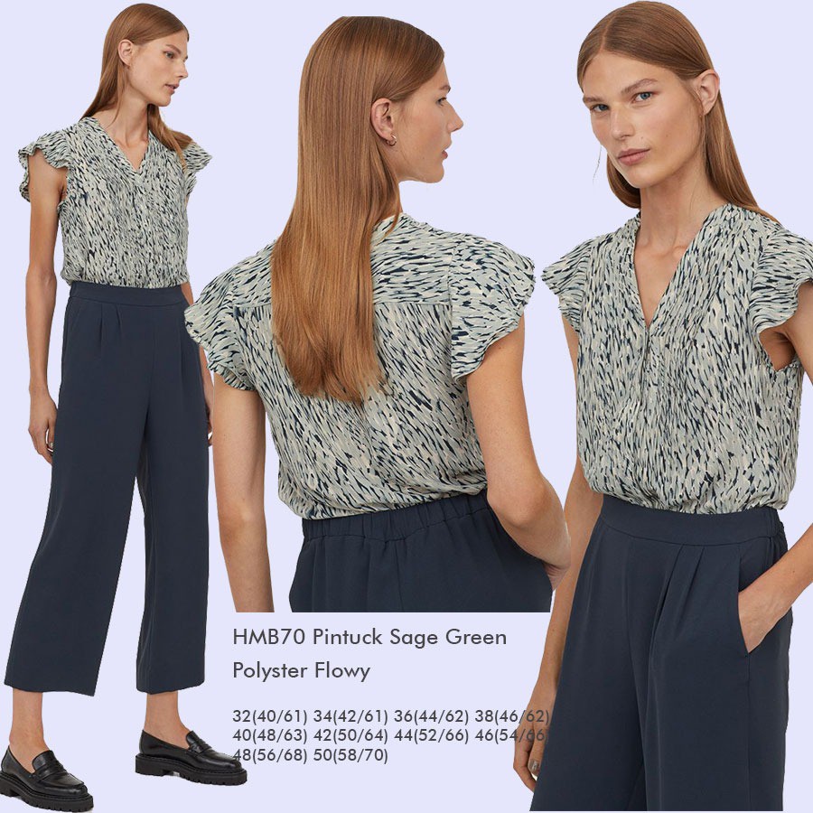 HNM Blouse Wanita Pintuck Teal Sage Green White Pattern-1