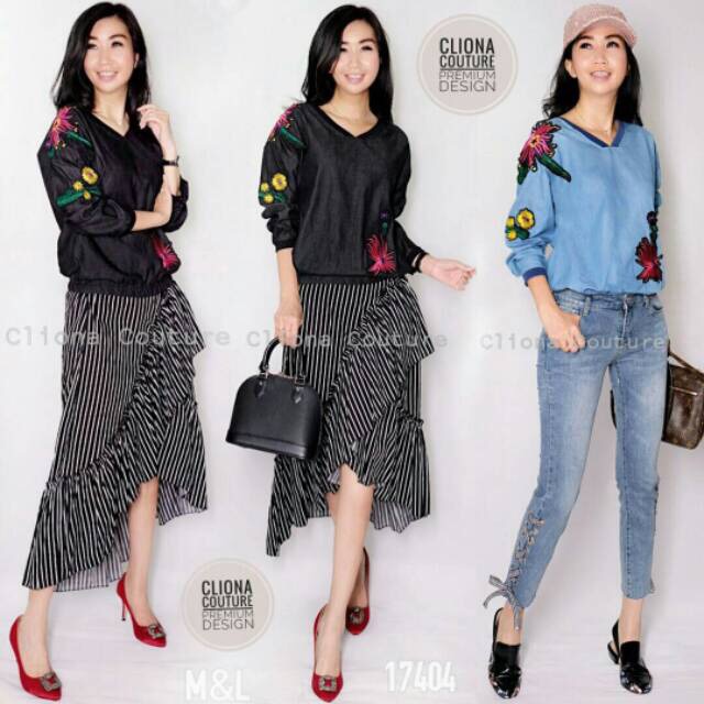 17404 TOPS DENIM BORDIR (ZARA) blouse/blouse wanita/blouse murah/blouse kekinian/blouse denim/atasan