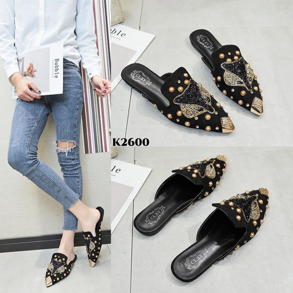 RESTOCK PRF Sandals Slope O w l Diamond Studed K2600