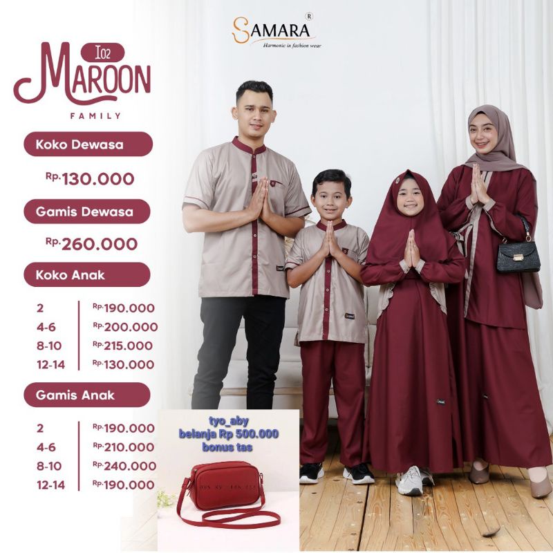 SARIMBIT KELUARGA SAMARA FASHION I02 MAROON GAMIS IBU KOKO LENGAN PENDEK AYAH ANAK BAHAN KATUN TOYOB