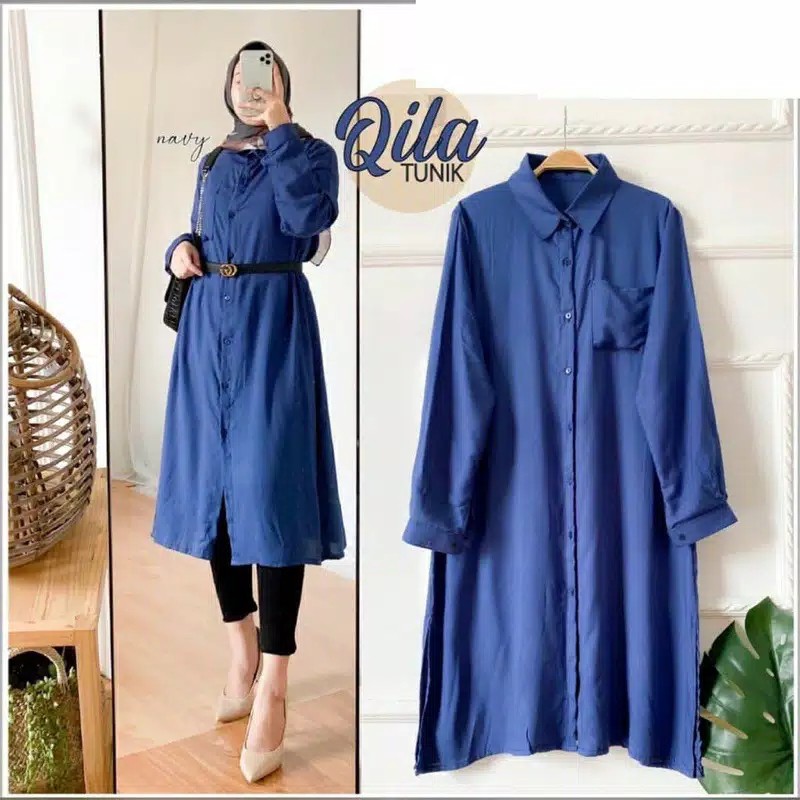 TUNIK POLOS QILA FULL KANCING BUSUI TUNIK BAHAN MOSCREPE