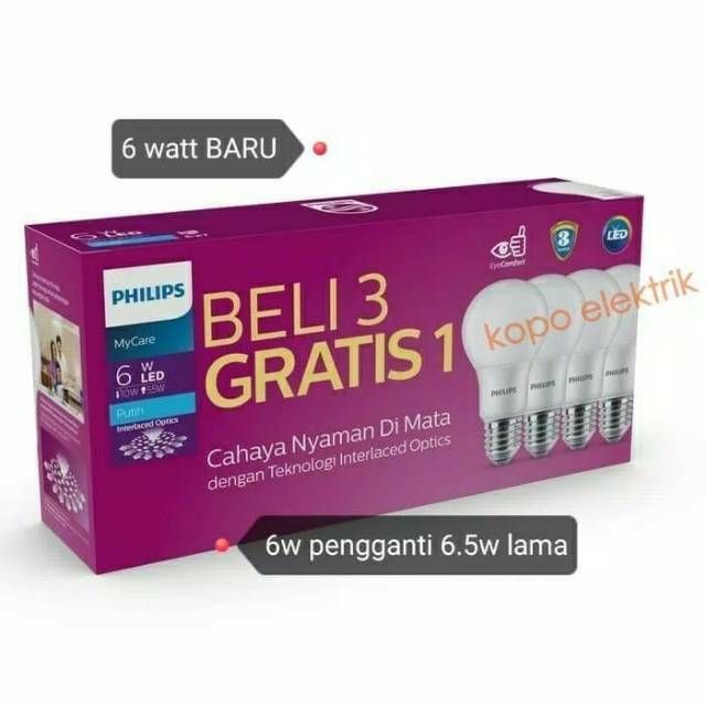 Lampu Led Philips 6W Paket 3 Gratis 1 Putih Paket Philips 6 watt