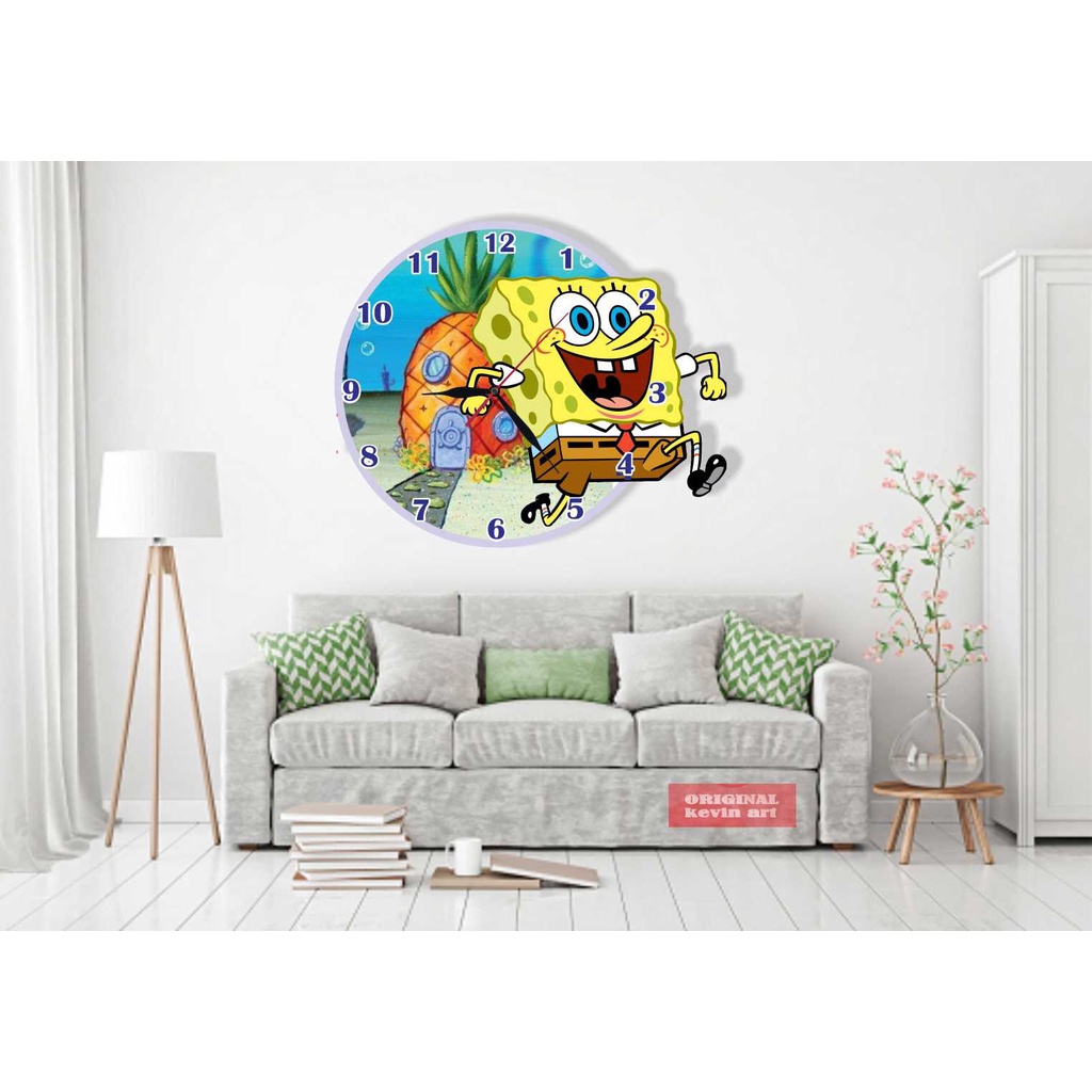 JAM DINDING KAYU UNIK BESAR KARAKTER GAMBAR SPONGEBOB MURAH