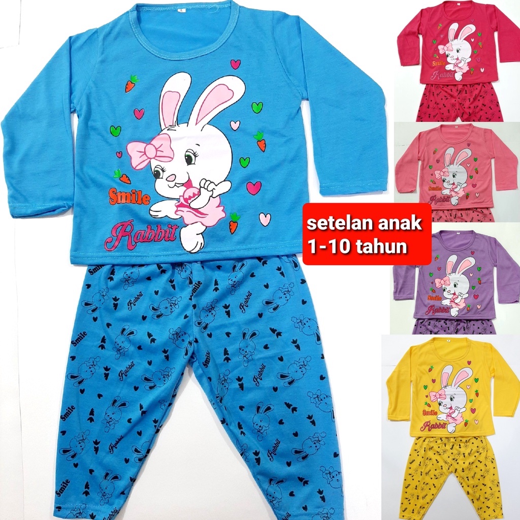 setelan celana lengan panjang PP 1- 10 tahun SML XL baju tidur anak perempuan kaos cewek rabbit kelinci grosir