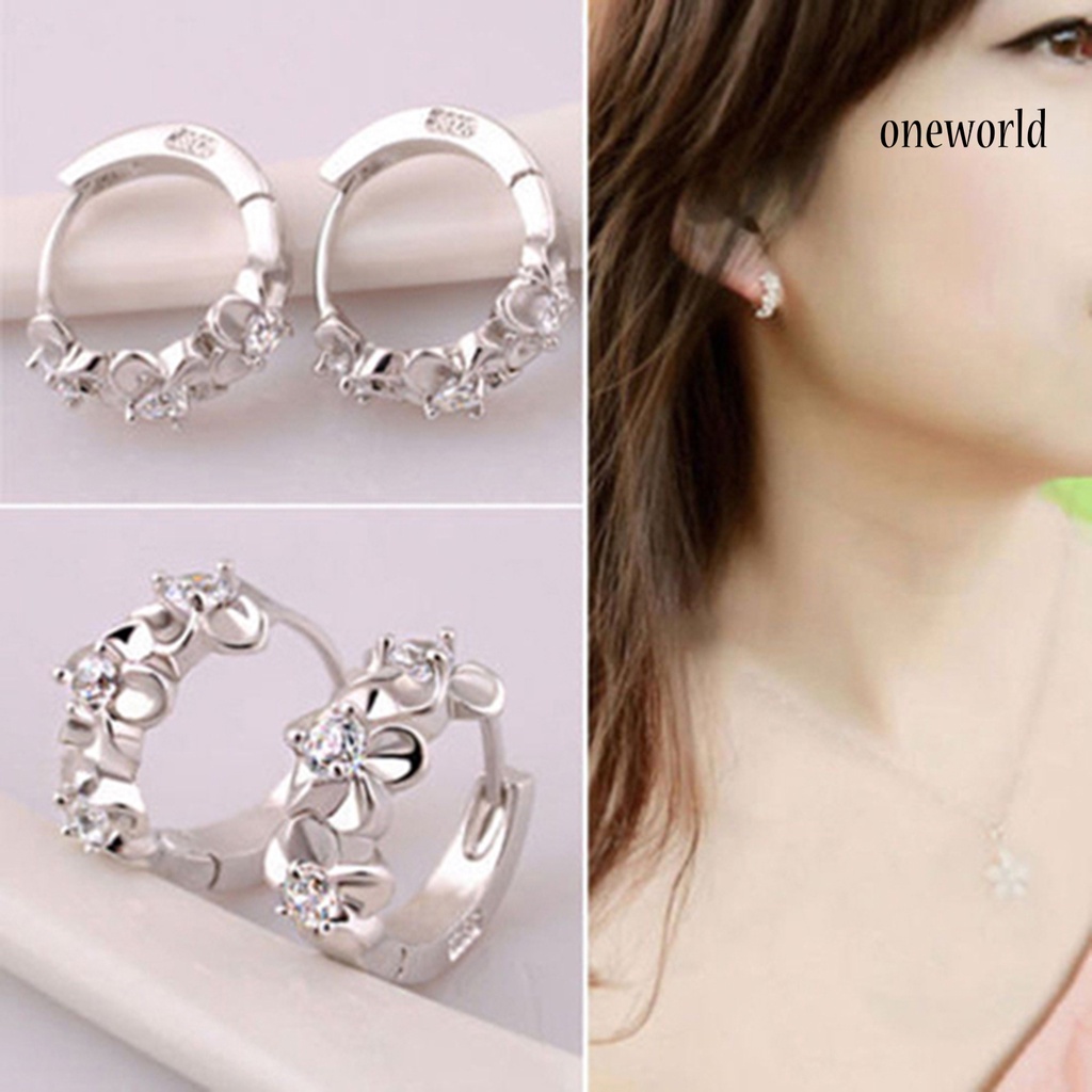 OW@ Women Shiny Rhinestone Flower Silver Plated Hoop Earrings Ear Clips for Party